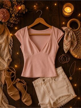 Soft Blush V-Neck Short Sleeve Top